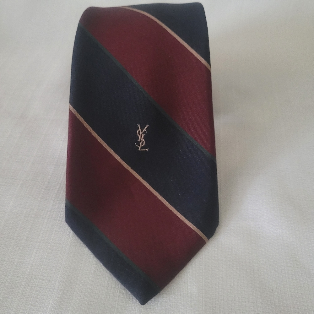 Yves Saint Laurent Men's Burgundy and Navy Striped Tie
